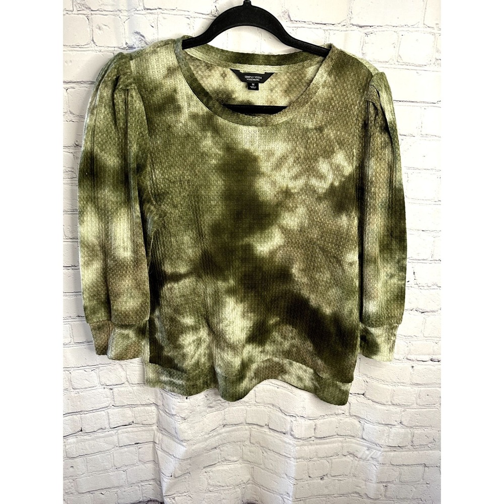 Simply Vera Vera Wang Olive Green Tie Dye Waffle Knit Puff Sleeve Top Medium